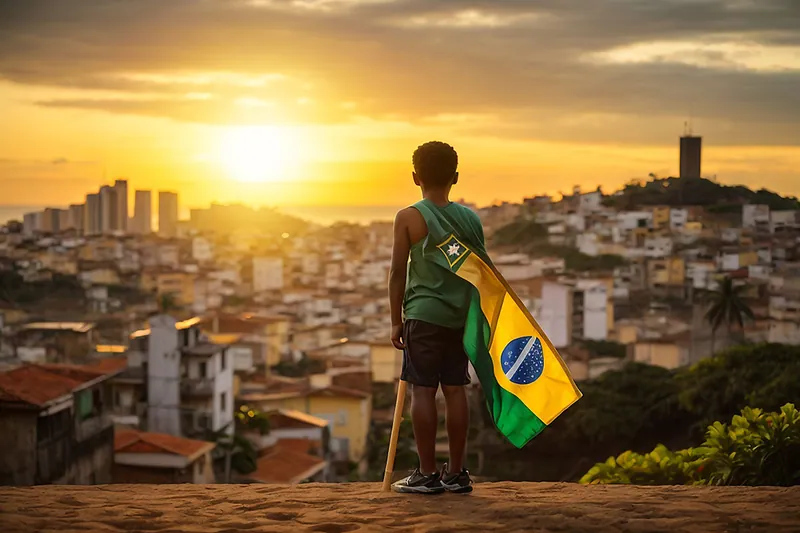 Menino de costas olhando o pôr do sol sobre a cidade, com a bandeira do Brasil nas costas