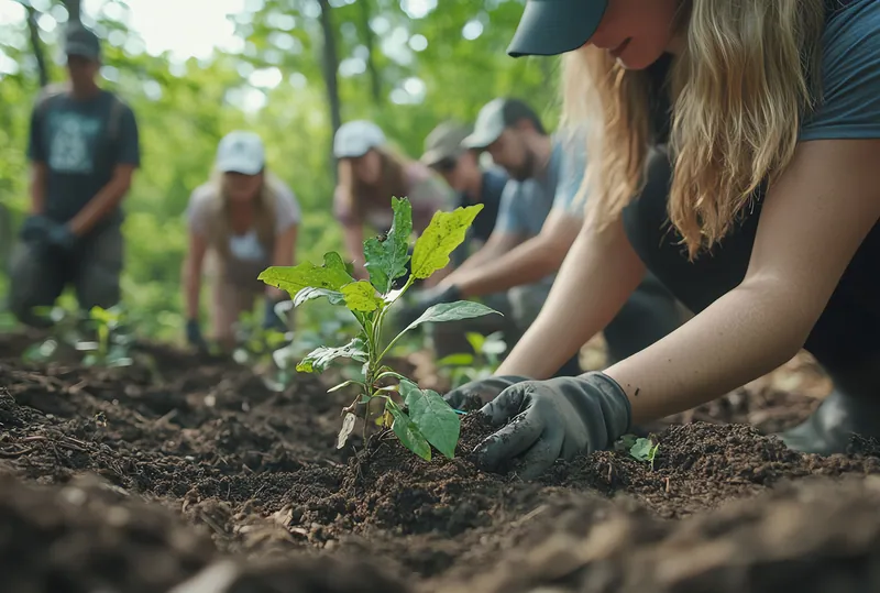 Voluntários plantando uma muda de árvore